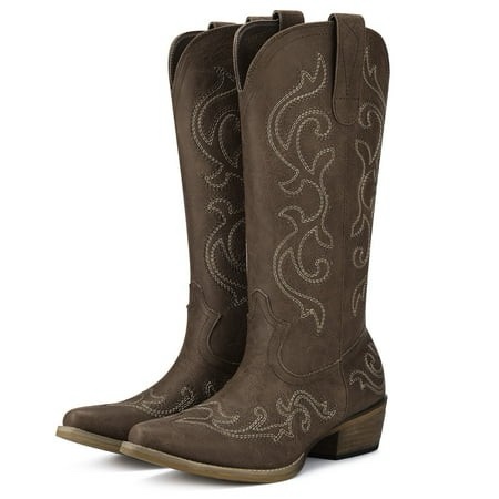 Rollda Cowboy Boots for Women Western Cowgirl Boots with Chunky Heel Ladies Snip Toe Mid-Calf Boot, size 7.5