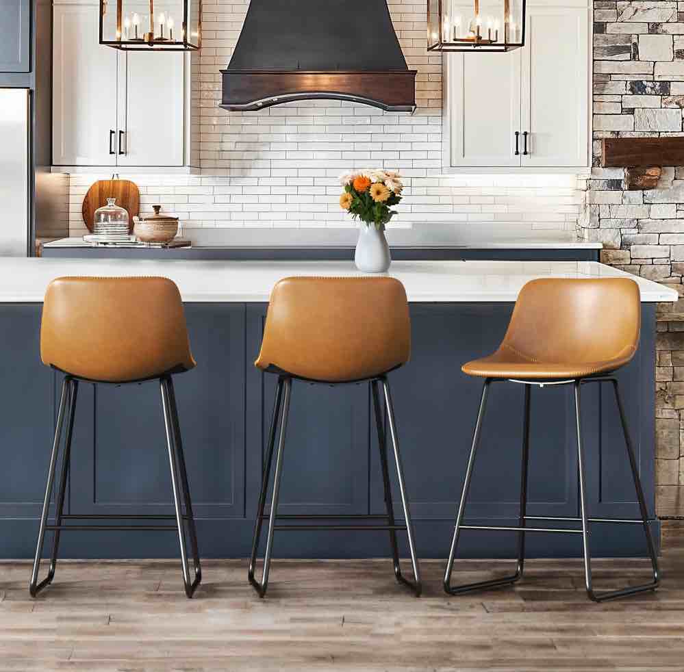 Dycanpo 24" Bar Stools Set of 3 with Back, Faux Leather for Home Kitchen Island, Whisky Brown