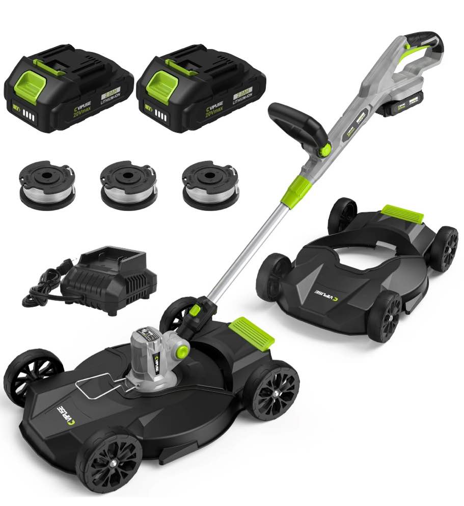 Vipuse 12 Inch 3-in-1 Electric Cordless String Trimmer/Edger/Mower with Two 2.0Ah Batteries and Fast Charger