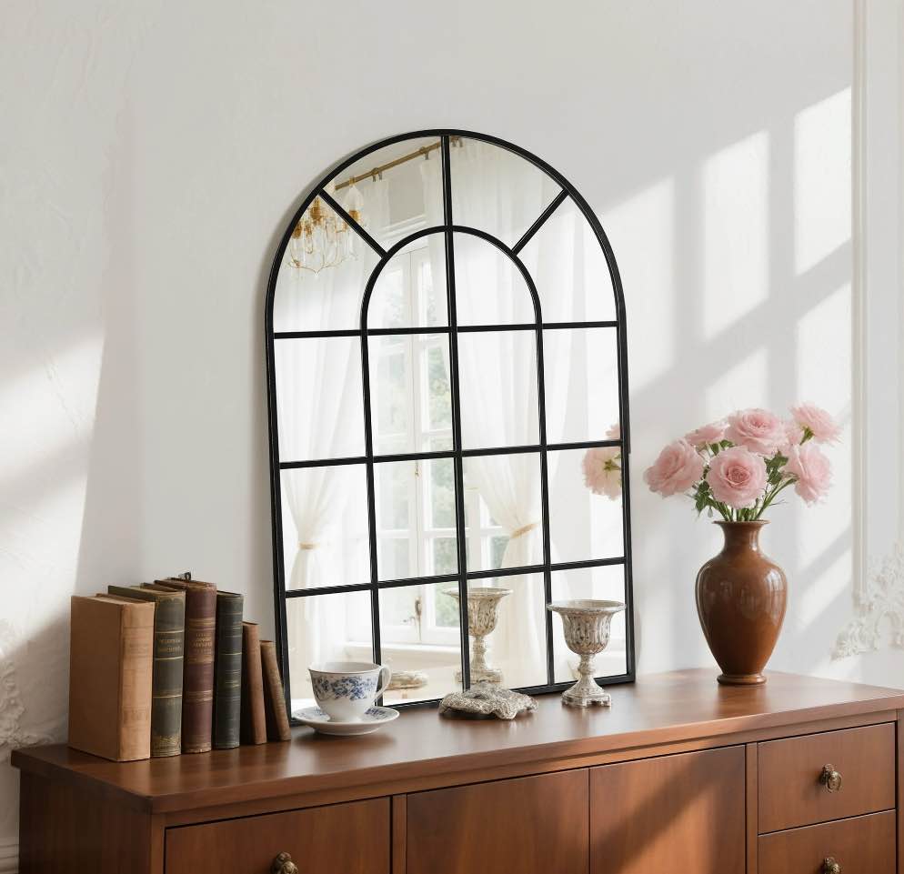 EDX 24"x36" Arched Windowpane Mirror, Wall Decor Art Mirror for Livingroom Bathroom Entryway, Black