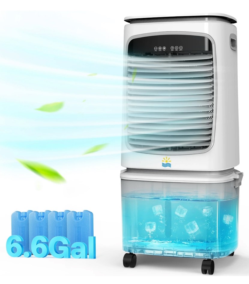 Flamemore 1800CFM Evaporative Air Cooler Fan Humidifier with 6.6 gal Tank & 4 Ice Packs, Portable Swamp Cooler for Home,Outdoor