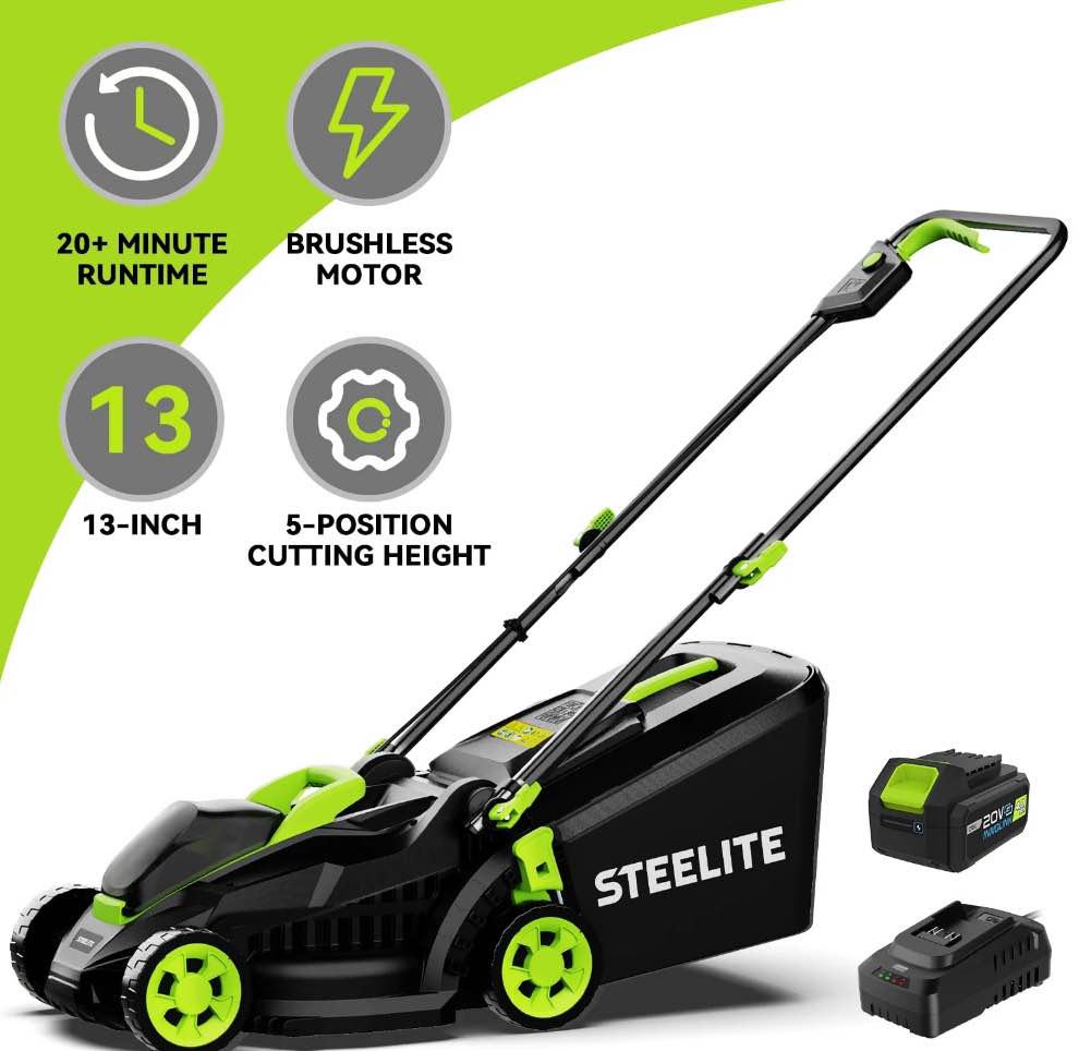 Steelite 13-Inch Cordless Lawn Mower, 21V Electric Lawn Mowers with Brushless Motor for Garden,5 Heights Adjustment, 4.0Ah Battery & Charger Included