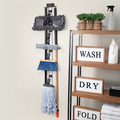SWOPT 6.5-in W x 48.5-in H x 3.25-in D 5 -Tier Hook-on Black Metal Mop and broom holder