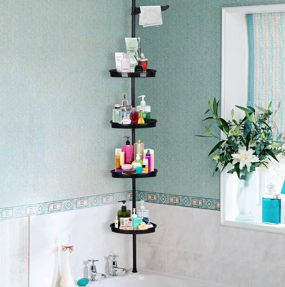 Corner Shower Caddy Tension Pole Home Tension Pole Shower Caddy With 4 Basket Shelves With Towel Bars, 4-Tier Bathroom Accessories Rust-Resistant Shower Organizer, Corner Shower Caddy for Bathroom