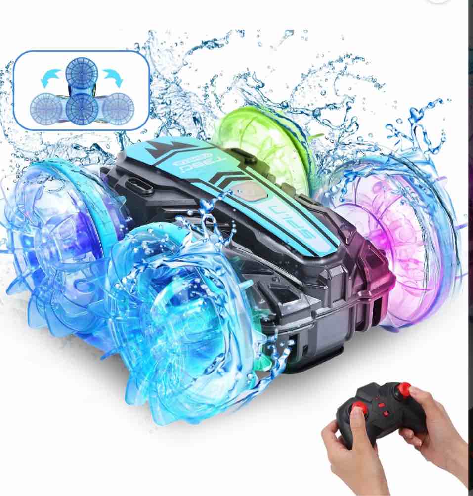 JoyStone Amphibious Remote Control Car Boat with LED Lights, 4WD RC Stunt Car Toy for Boys Girls, Water Beach Pool Toys for Kids Ages 8-12, Blue