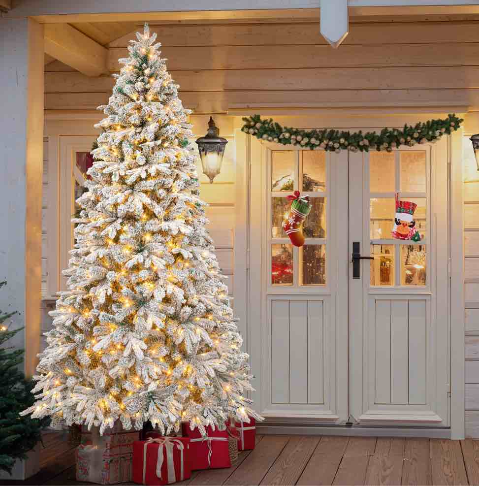 firstness 6ft pre-lit snow flocked artificial christmas tree, hinged christmas tree with 800 branch tips and 300 warm led lights, metal stand, party decorations