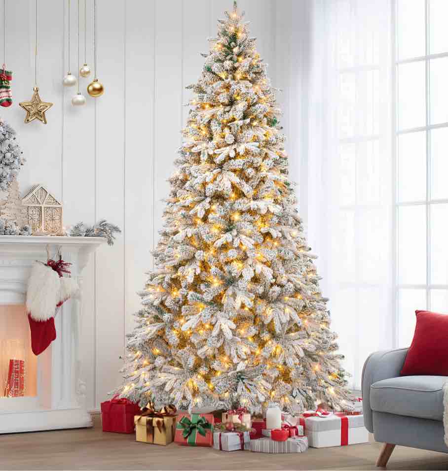 firstness 6ft pre-lit snow flocked artificial christmas tree, hinged christmas tree with 800 branch tips and 300 warm led lights, metal stand, party decorations