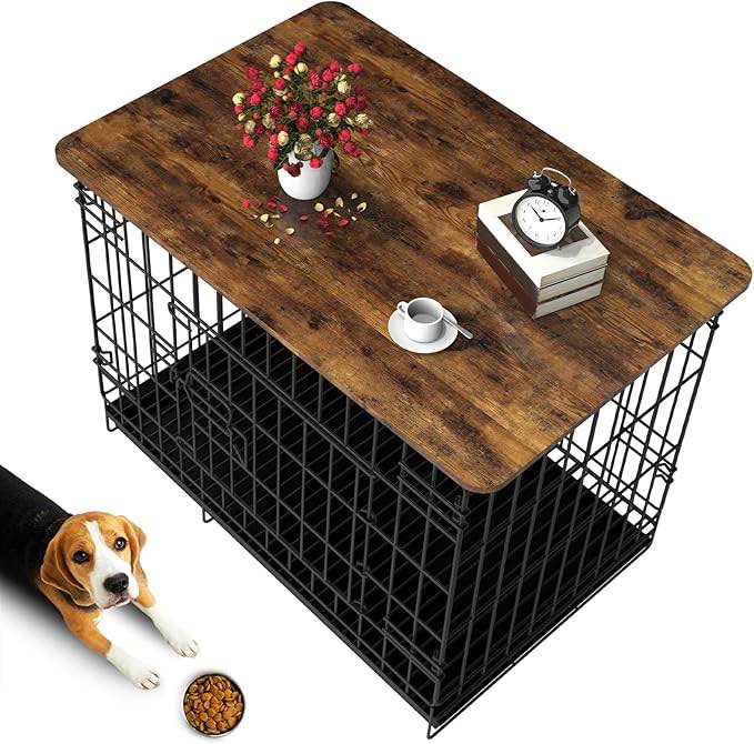 dog crate topper wood countertop for 42 inch dog cage, dog crate table topper collapsible dog kennel topper (rustic brown, 42 inch)
