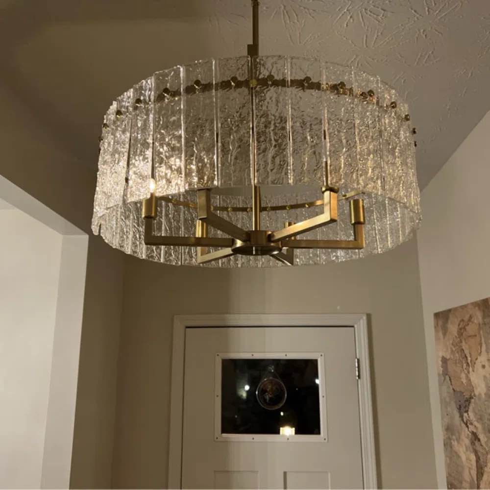 Friedhardt 6-Light Dimmable  Drum Chandelier with Textured Glass, Gold Modern Lighting for Kitchen Island or Dining Room