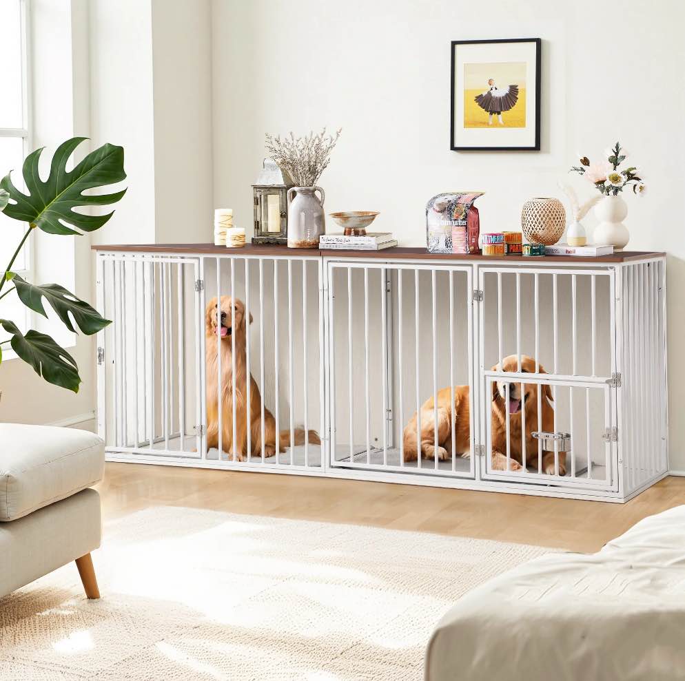 Dog Crate Furniture For 2 Dogs, Corner Heavy Duty Double Dog Kennel Furniture With Divider, Indoor Wooden Dog Crate Large Breed  Box 2 of 2 
