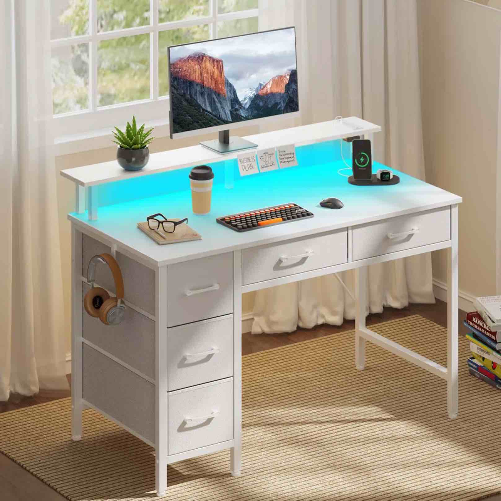 Computer Desk with Monitor Stand & Charging Station, Gaming Desk with LED Lights &  Drawers