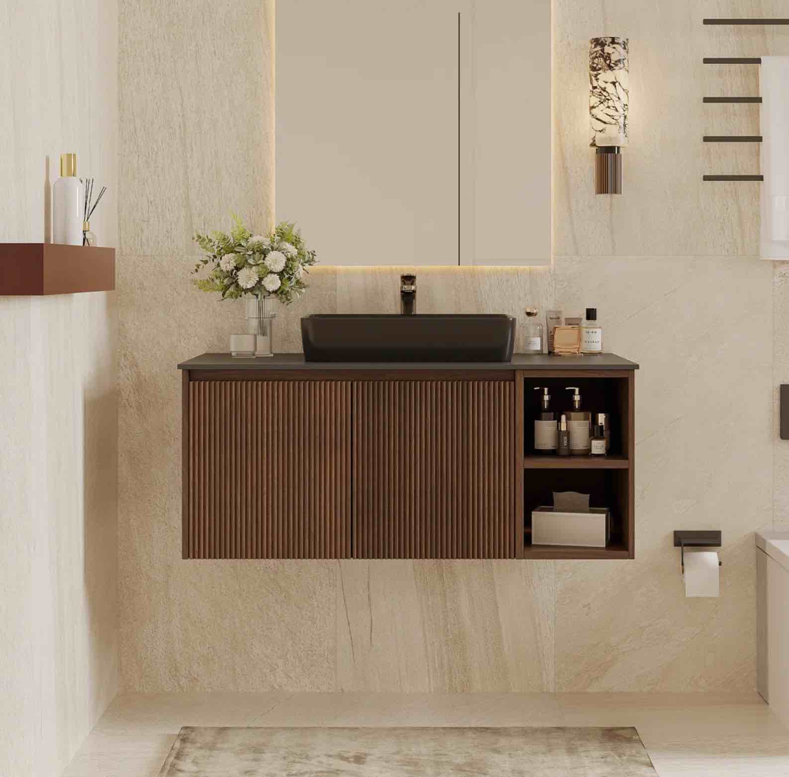 35.84" Single Bathroom Vanity with Stone Top, Brown Wood, Black Vessel