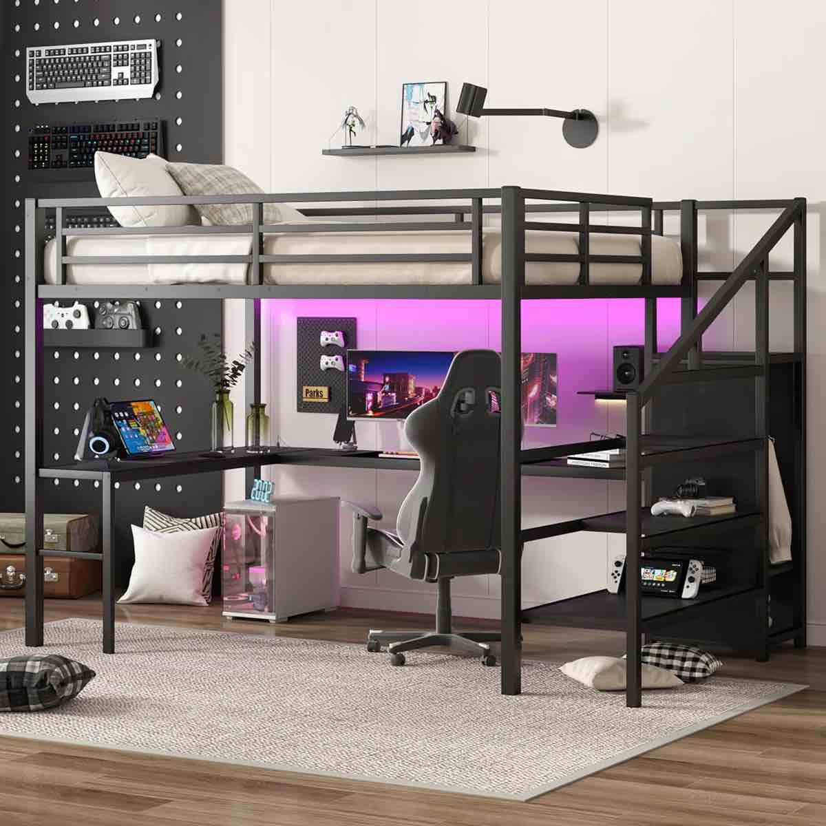 Metal Loft Bed with L-Shaped Desk, Wardrobe, Adjustable Shelf, USB Ports and LED Light, High Loft Bed Frame for Kids, Teens and Adults, Space-Saving Study Workstation