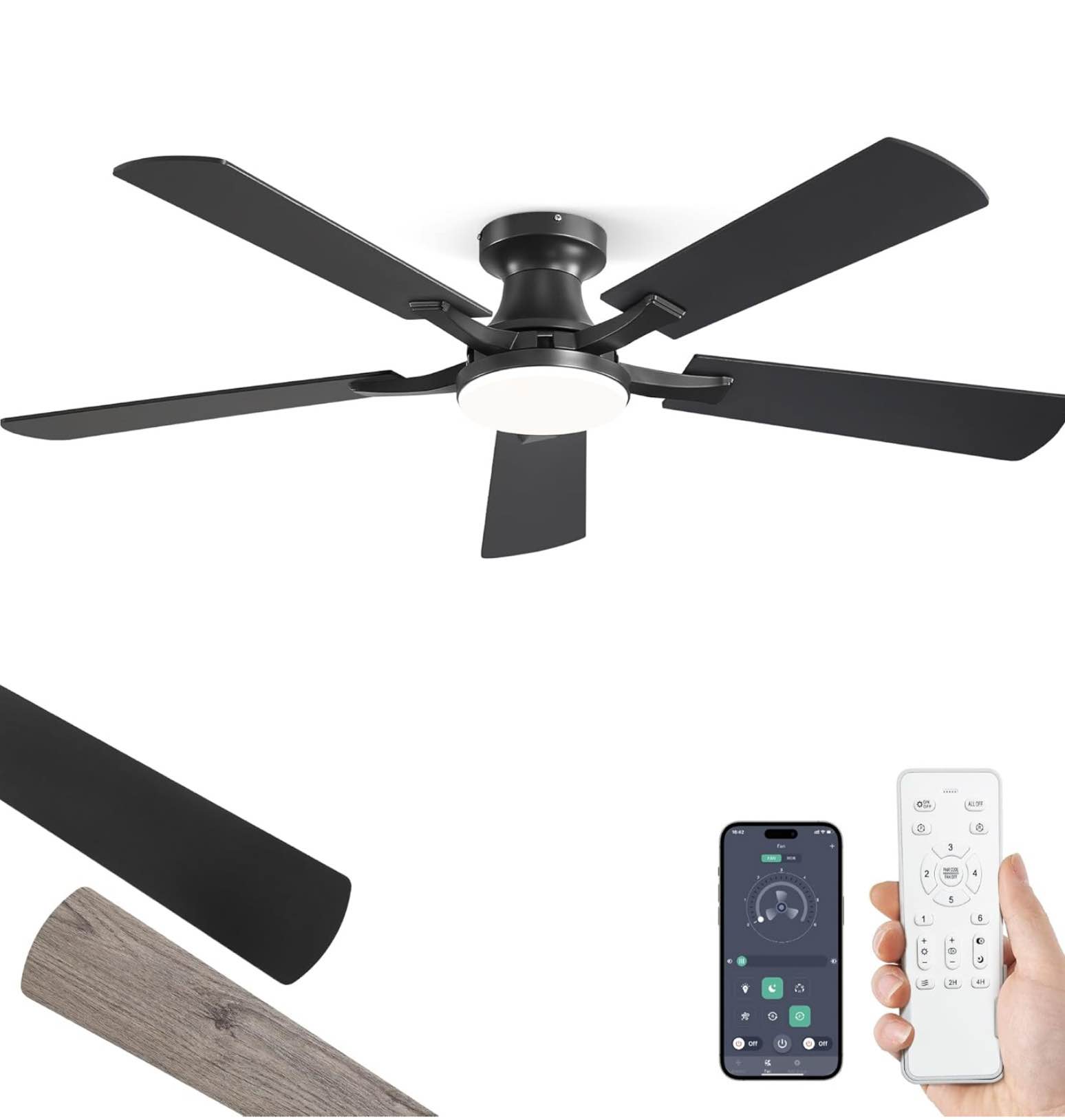 ZMISHIBO 52 Inch Ceiling Fan with Light, App&Remote Control, Flush Mount Low Profile, Dimmable 20W LED Light, Quiet Reversible Motor for Bedroom, Living Room, Apartment, Black
