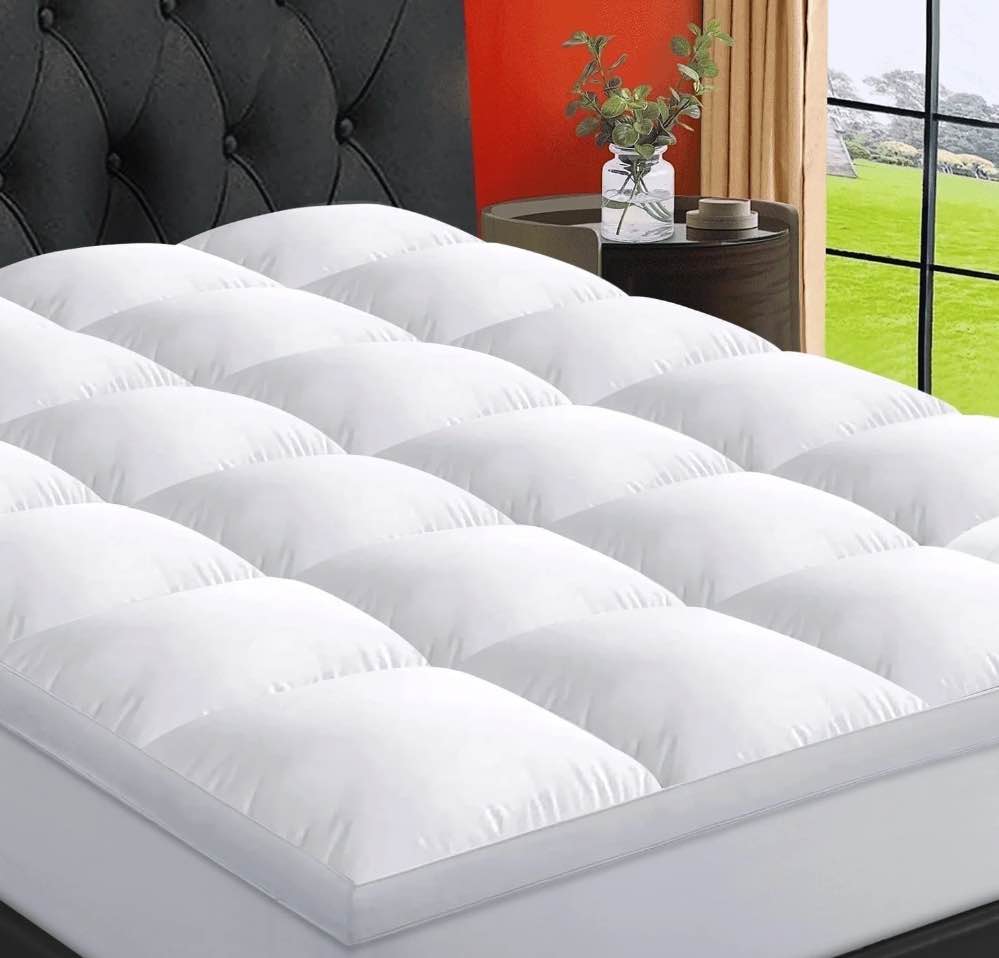 EMONIA 100% 400TC Mattress Topper Queen for Back Pain, Extra Thick Cooling Mattress Pad, Mattress Protector Pillow Top Mattress Cover with 8-21" Deep Elastic Pocket, Plush Soft Down (White, Queen)