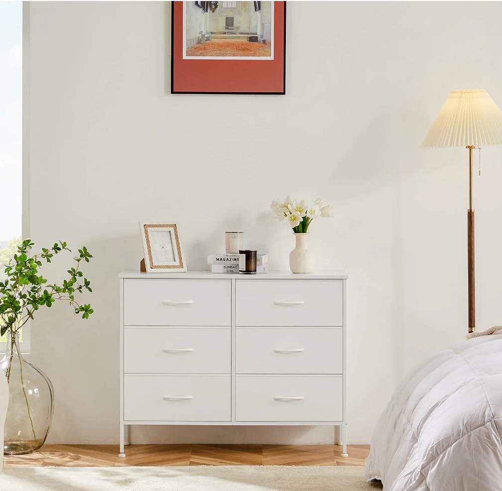 ZUNMOS 6 Drawer Fabric Dresser for Bedroom, Chest of Drawer Organizer Storage Cabinet for Closet, Entryway, White