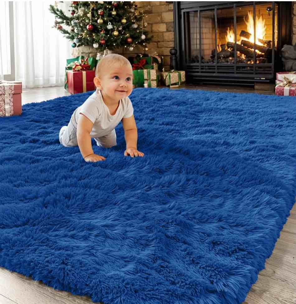 Sanmadrola Area Rug for Bedroom,8'x10' Fluffy Shag Rug for Living Room,Furry Carpet for Kids Room,Shaggy Throw Rug for Nursery Fuzzy Plush Rug,Navy Blue Carpet,Rectangle,Cute Room Decor for Baby