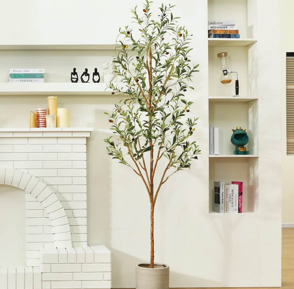 7 ft Artificial Olive Plants with Realistic Leaves and Natural Trunk, Silk Fake Olive Tree in Black Plastic Pot, Faux Olive Tree for Office Home