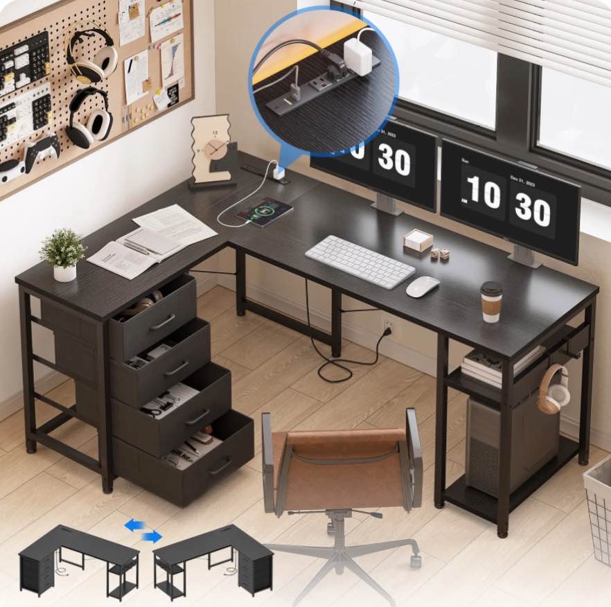 Reversible Modern Simple Style L Shaped Desk with Charging Station and Drawers, Pure Black