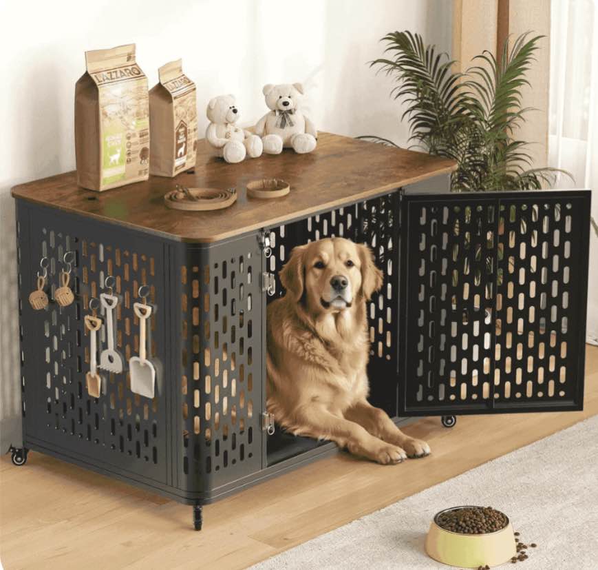 Naipo XL Heavy Duty Dog Crate Furniture, 43.7" Large Metal Dog Kennel, Chew Proof Prevent Escape for High Anxiety Dogs, Indoor Indestructible Dog Kennel, Rustic Brown