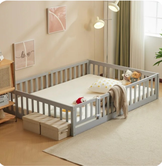 Ktaxon Montessori Full Floor Bed with Safety Guardrails, Wood Bed Frame, Gray