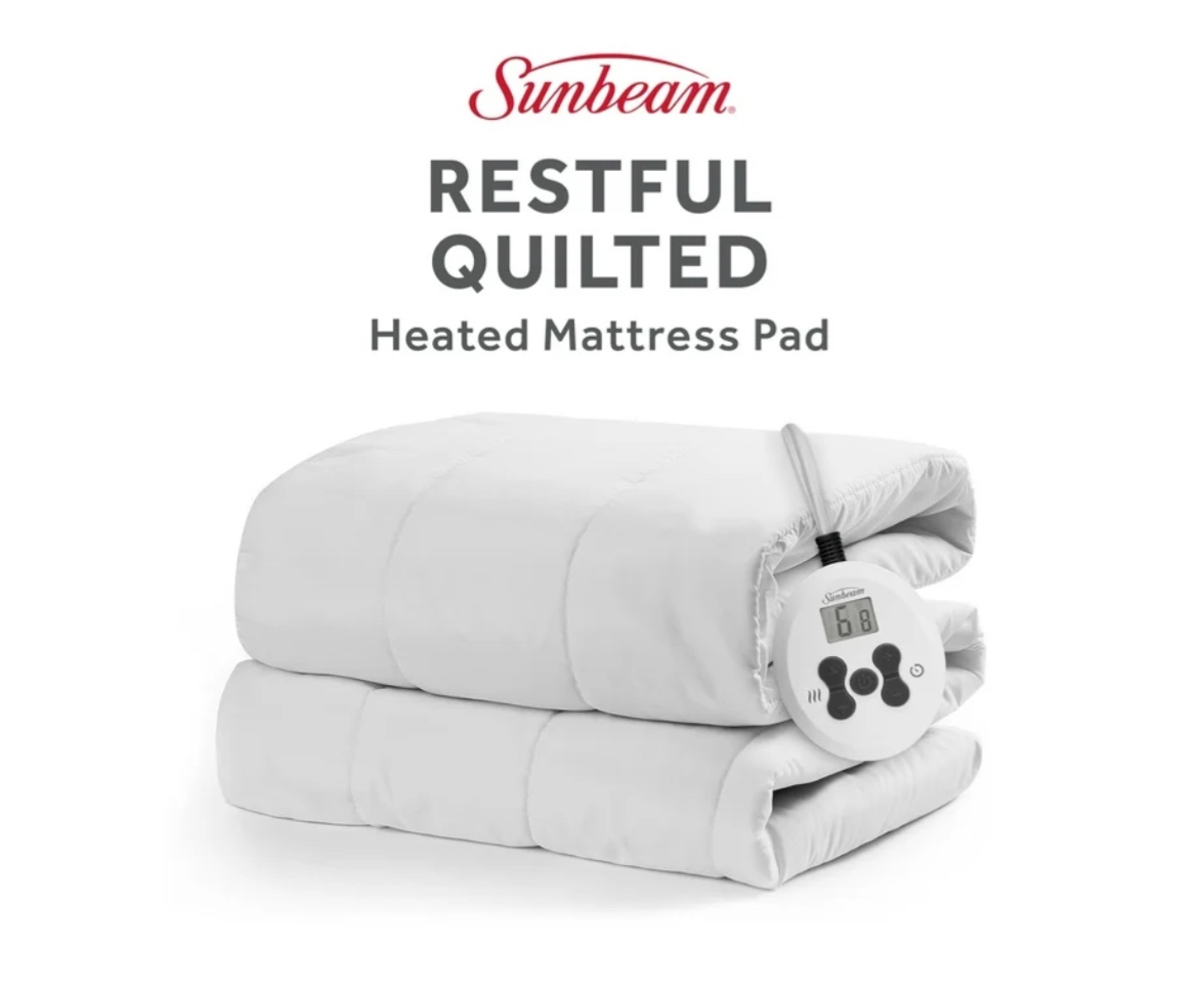 Sunbeam Restful Quilted Electric Heated Queen Size Mattress Pad, 60" x 80", 12 Heat Settings, 12-Hour Selectable Auto-Off, Machine Washable