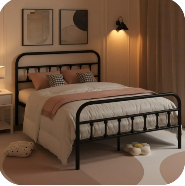 uhomepro full platform bed frame with headboard, metal full size bed frame for adults teens, rustic vintage full bed frame bedroom furniture, no box spring needed, black