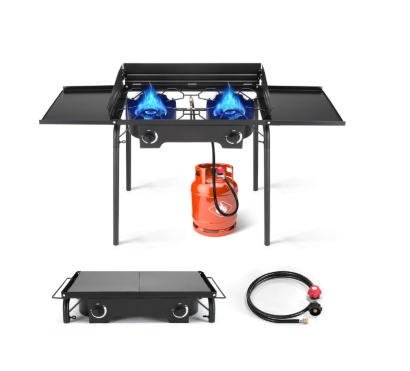 ktaxon 2 burner 150000 btu cooker w/ side shelves,removable legs,wind panels,regulator outdoor camping picnic stove stand