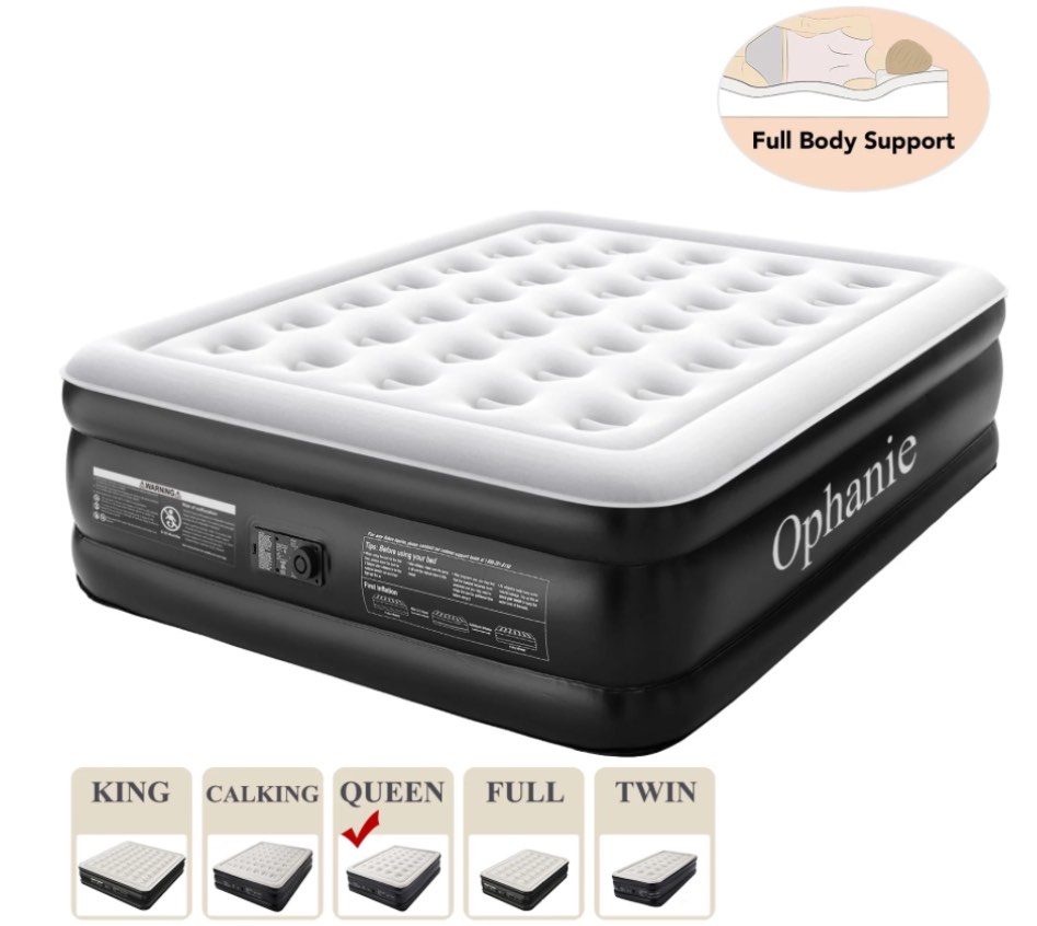 ophanie queen air mattress, 18-inch elevated inflatable bed with built-in pump, puncture-resistant, quick inflation/deflation, portable for camping & guests, black