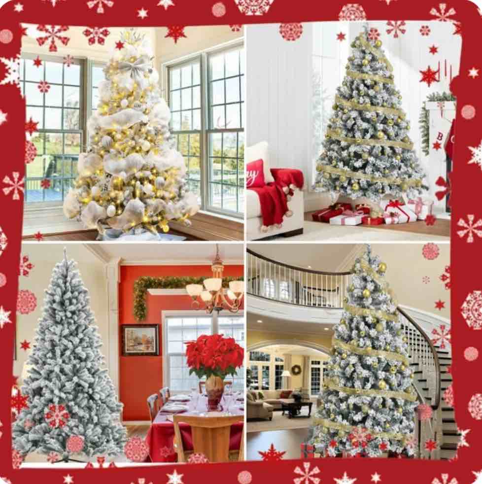 iznen 7.5ft pre-lit snowflake flocked christmas tree,8 modes led lights,artificial xmas tree with storage bag