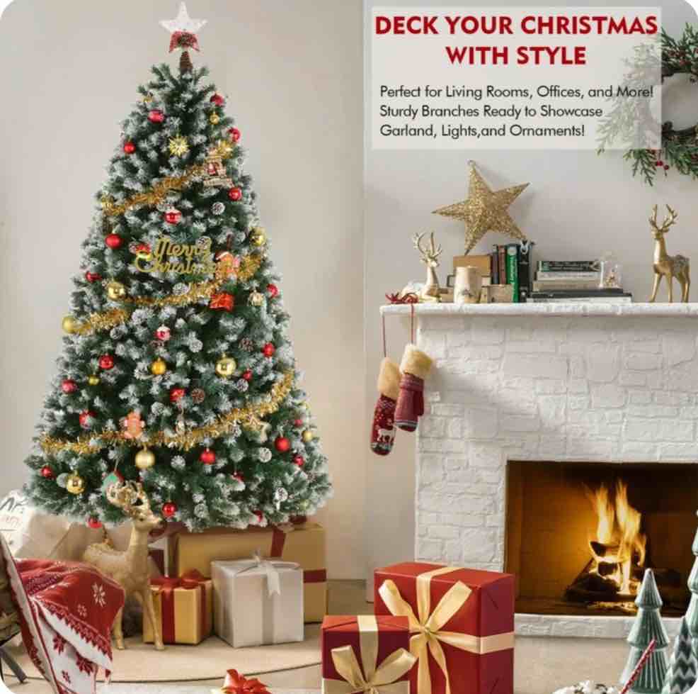 funcid 6ft artificial christmas tree with 8 adjustable light flash rate modes, decorated xmas tree with pine cones, hinged partially flocked christmas tree with foldable metal base