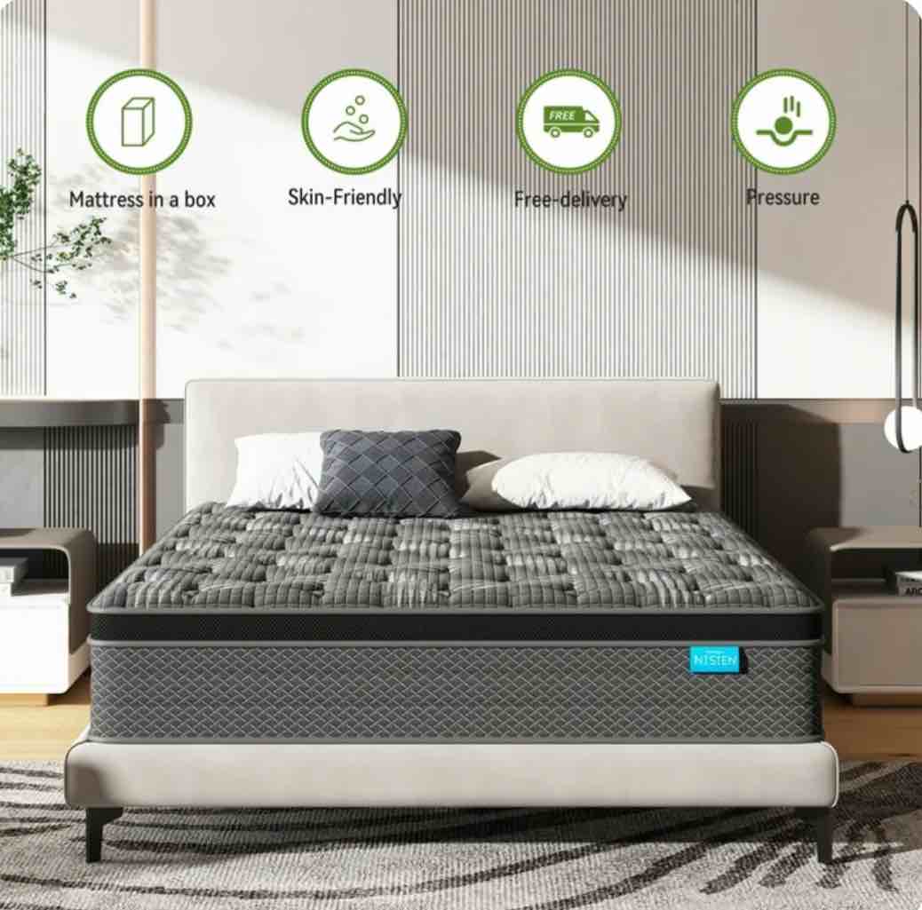 nisien black 10 inch queen mattress, cooling gel memory foam hybrid mattress in a box, queen, medium,euro top
