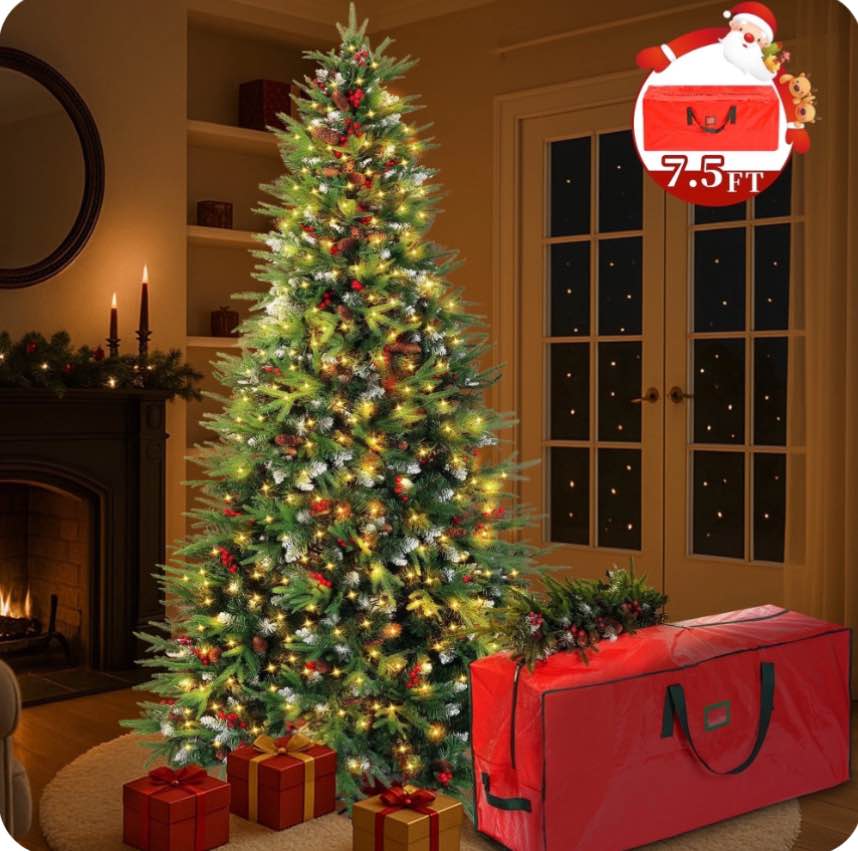 yexmas 6ft  pre-lit artificial christmas trees,green xmas tree with large christmas tree storage bag,pinecones, berries, realistic artificial christmas trees for home, office, party decoration