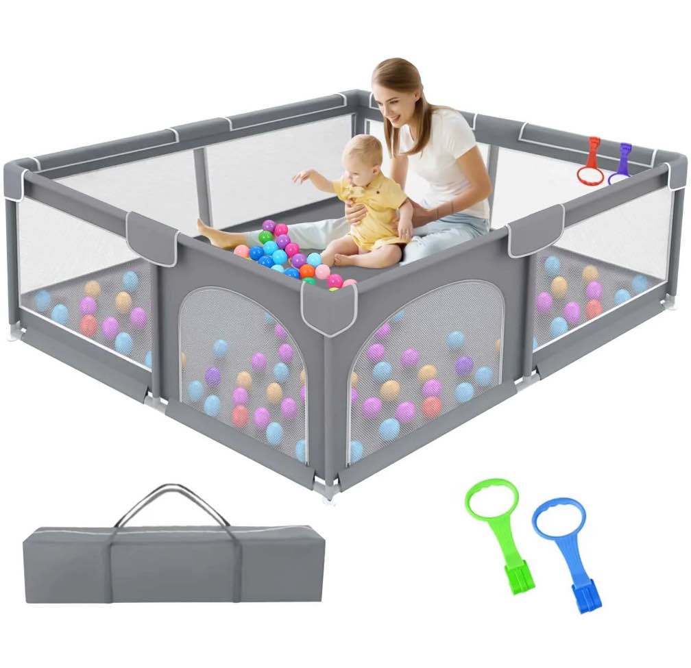 Ucradle Baby Playpen, 50x50x27" Large Activity Center with Gate, Anti-Slip Base, Gray