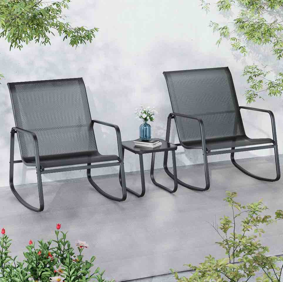Ainfox 3 Piece Outdoor Bistro Sets with Textilene Chairs and Coffee Table, Black