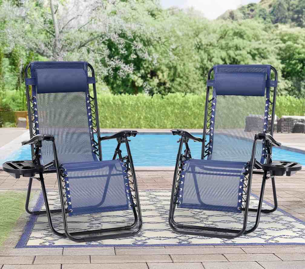 CONCETTA 2PCS Zero Gravity Patio Recliner, Textilene Folding Lounge with Adjustable Pillow & Cup Tray, Blue