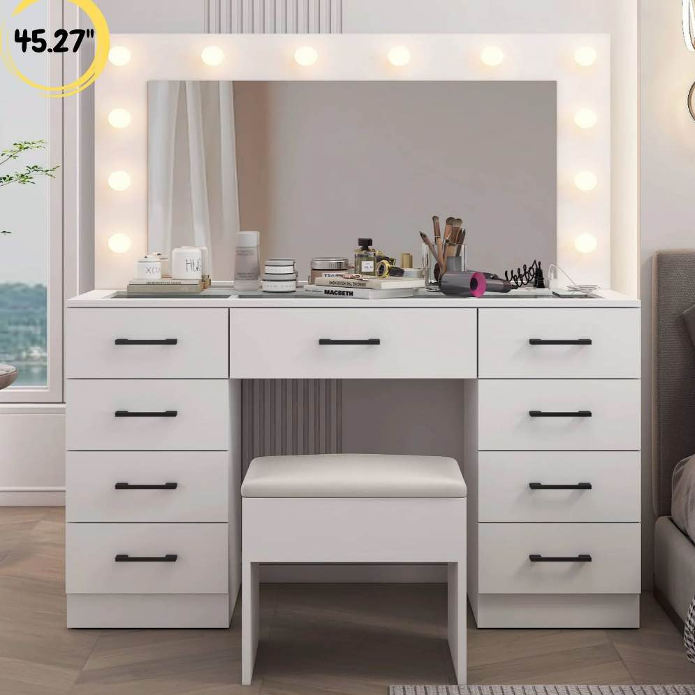 ktaxon large makeup vanity, vanity table set w/ visible glass top w/ charging station, white