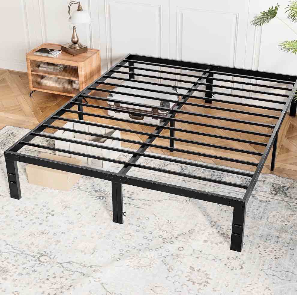 concetta 14" full bed frame, heavy duty metal platform bed frame with underbed storage for bedroom, no box spring required, black