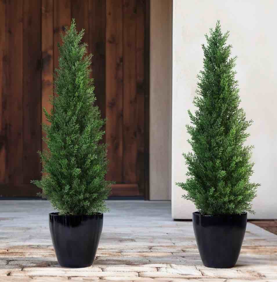 Artificial Cedar Tree 2 Pack 3 ft Outdoor Artificial Topiary Cedar Plants Fake Tree UV Rated Potted Plants for Porch Decor Faux Pine Tree for Perfect Housewarming Gift