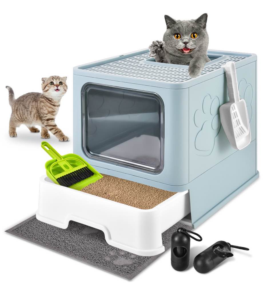 Upgraded Extra Large Cat Litter Box With Scoop  Plastic Standard Enclosed Litter Box  Upgraded Adjustable Door Cat Litter Box With Enlarged Drawer?Light Blue