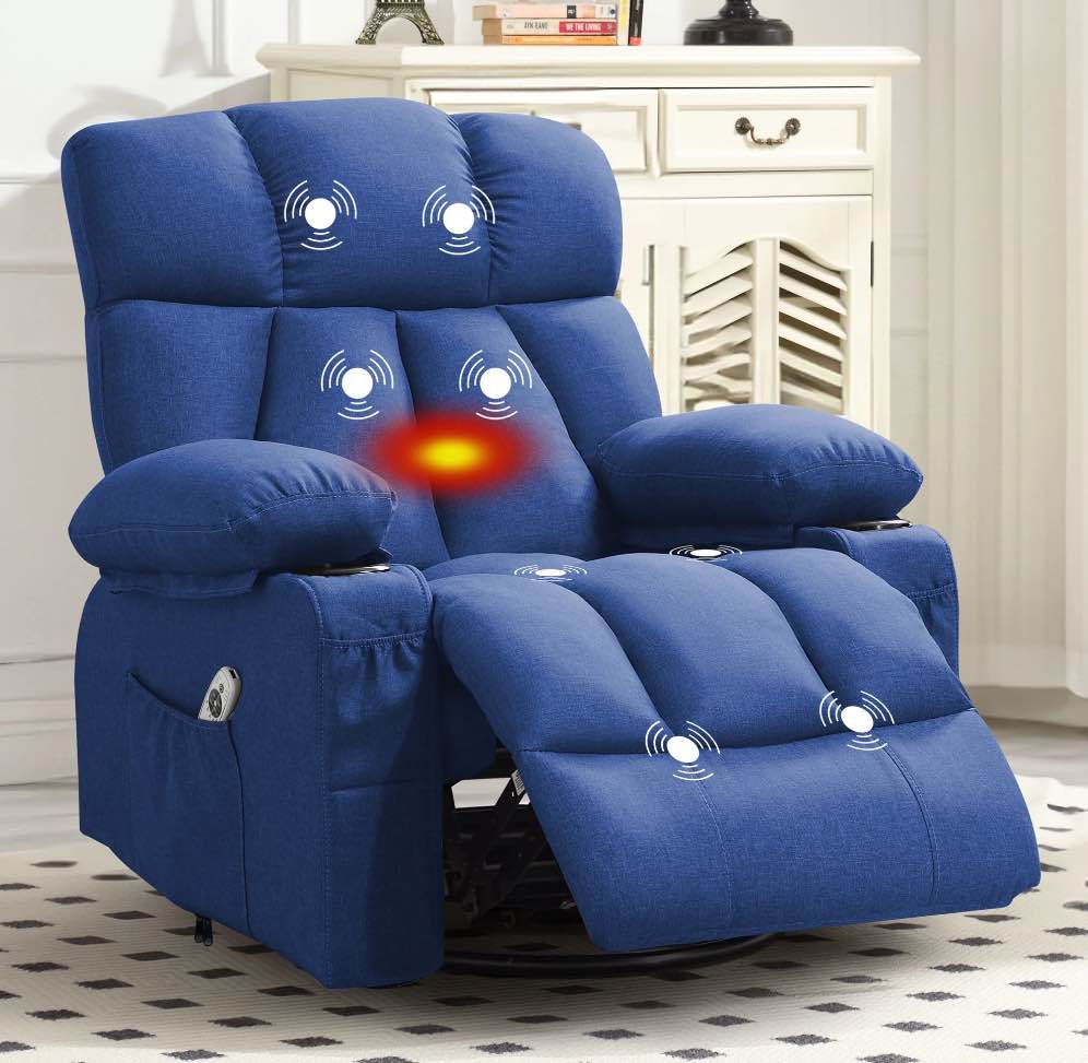 JONPONY Massage Rocker Recliner Chair with Vibration Massage and Heat Ergonomic Lounge Chair for Living Room with Rocking Function and Side Pocket, 2 Cup Holders, USB Charge Port,Blue