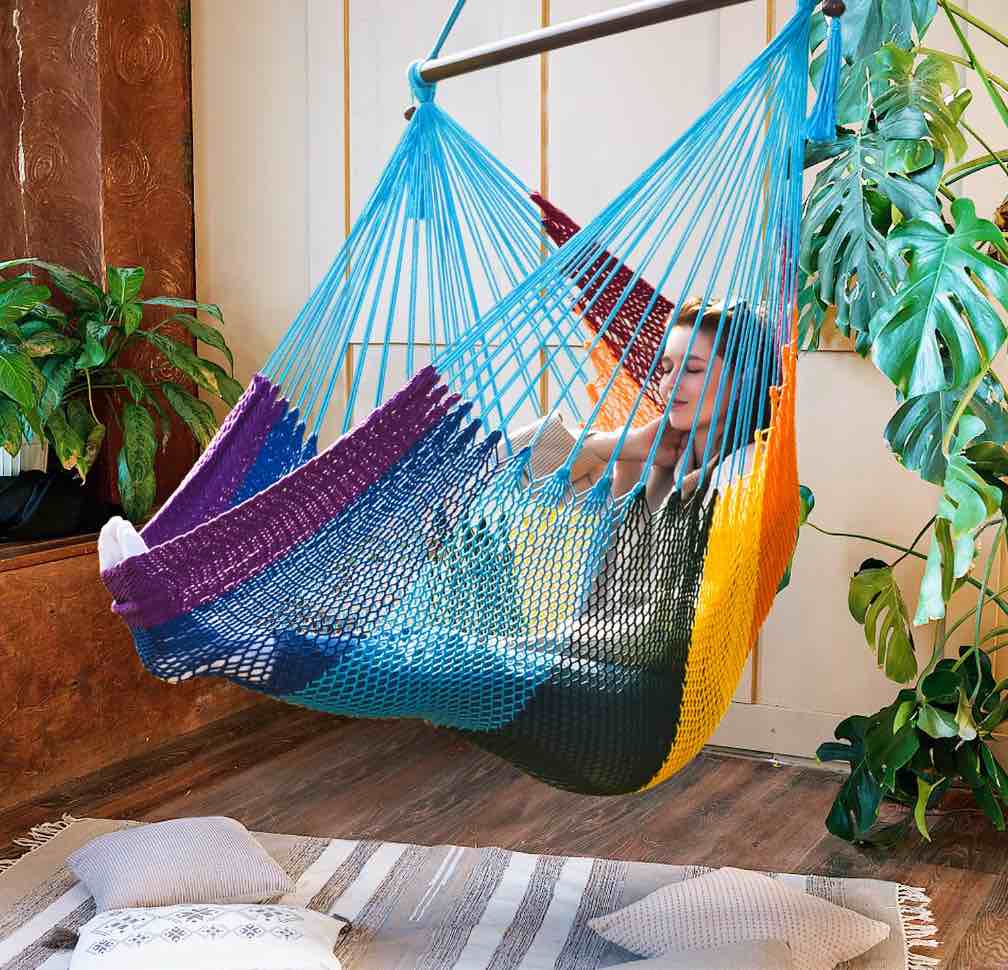 Bathonly Caribbean Hammock Swing Chair with Wood Spreader Bar  Outdoor Indoor  Max 330 lbs  Rainbow