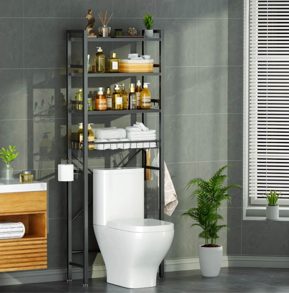 Capri Over The Toilet Storage, 4-Tier Freestanding Bathroom Shelf, above Toilet Space Saver Rack, Black
