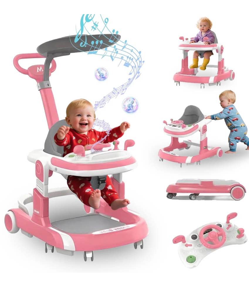 MINGYI 4-in-1 Baby Walker - Multi-functional, Height Adjustable, Foldable Design (Pink)