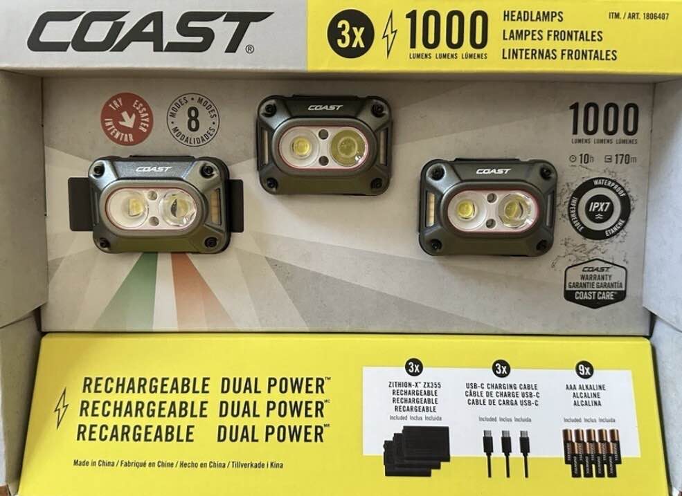 COASTS (3 Pack) CH1000R 1000 Lumens Dual Power Headlamps