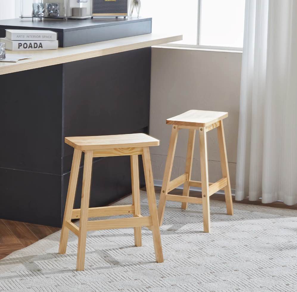 Ktaxon Set of 2 Saddle Seat 24" Bar Stools Wood Dining Room Kitchen Pub Chair,Wood Color