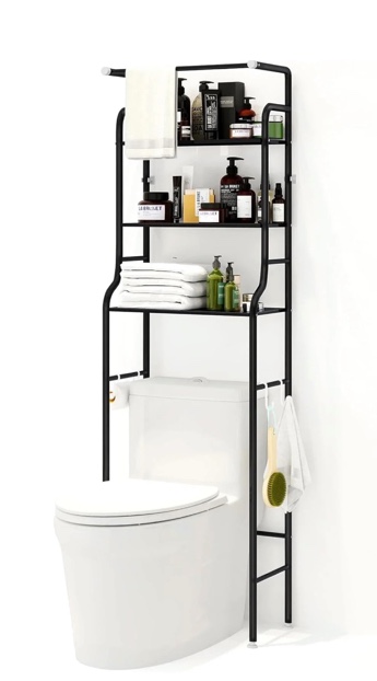 SUSUZI Over The Toilet Storage Shelf 3-Tier Bathroom Organizer Rack Metal Bath Shelves Space Saver Freestanding Above Toilet Stand for Bathroom Laundry, Black