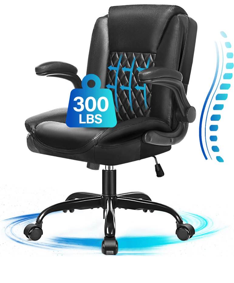 JONPONY Big and Tall Office Chair 300LBS Wide Seat Ergonomic Computer Desk Chair High Back Executive Leather Chair Adjustable Task Chair Lumbar Back Support 8 Hours Heavy Duty Design,Black