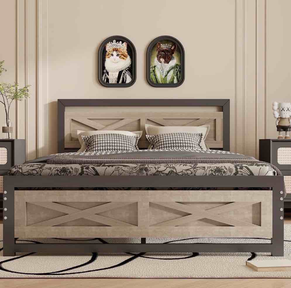 Behost Queen Bed Frame with Headboard and 11" Underbed Storage, Metal Wood Platform Bedframe Queen Size Bedroom Furniture