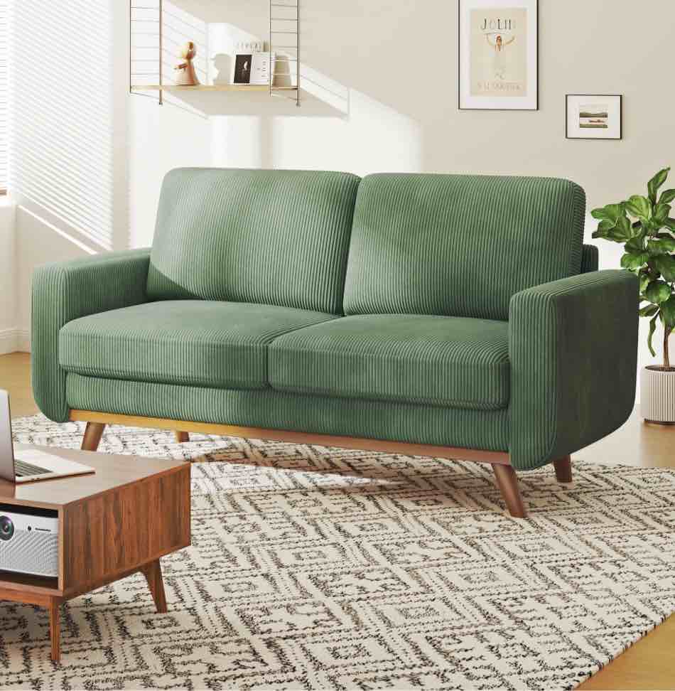68" Corduroy Sofa for Living Room, Modern Sofa for Small Space, Wooden Frame, One Box, Green